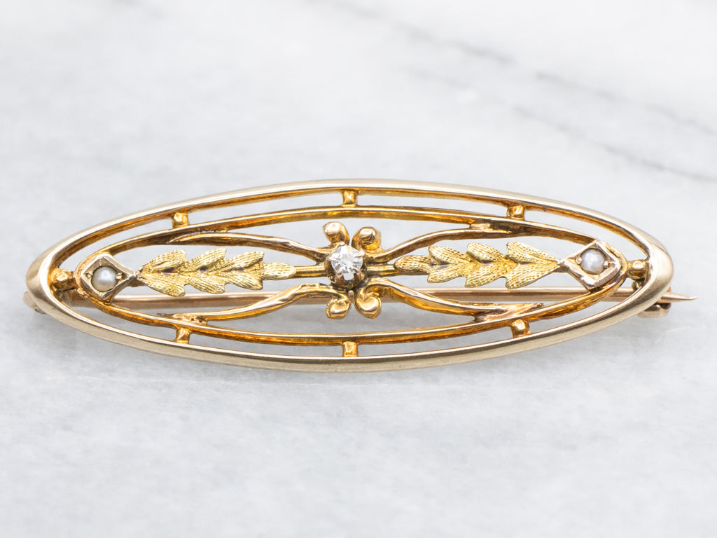 Antique Diamond and Seed Pearl Oval Gold Pin