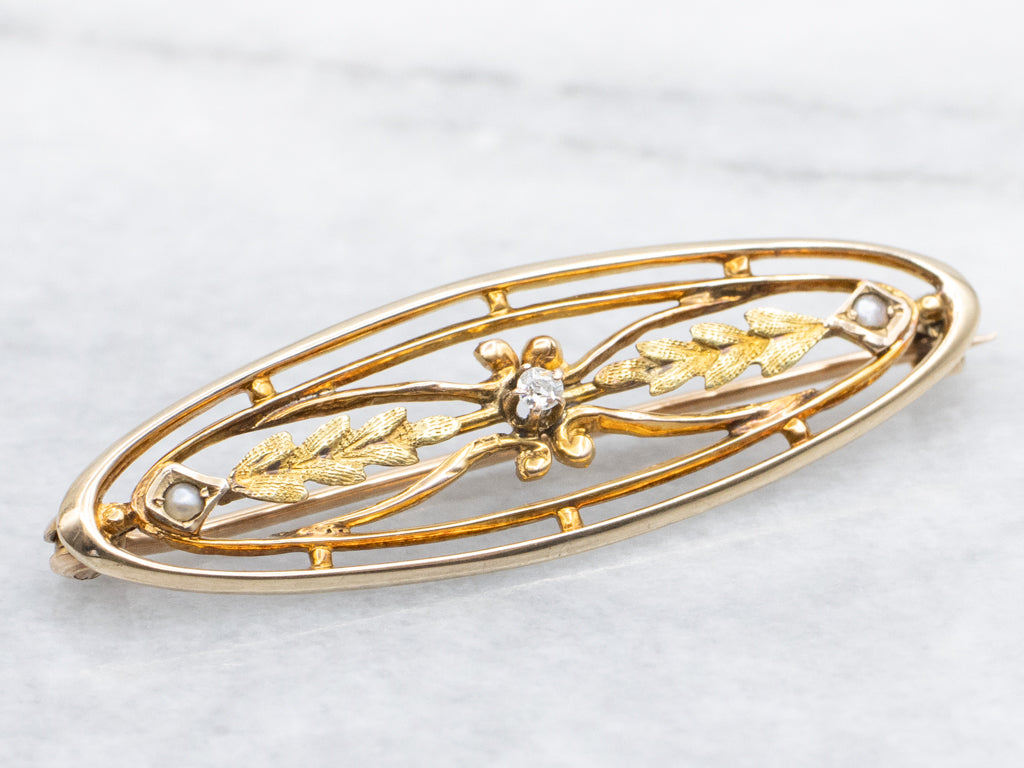 Antique Diamond and Seed Pearl Oval Gold Pin
