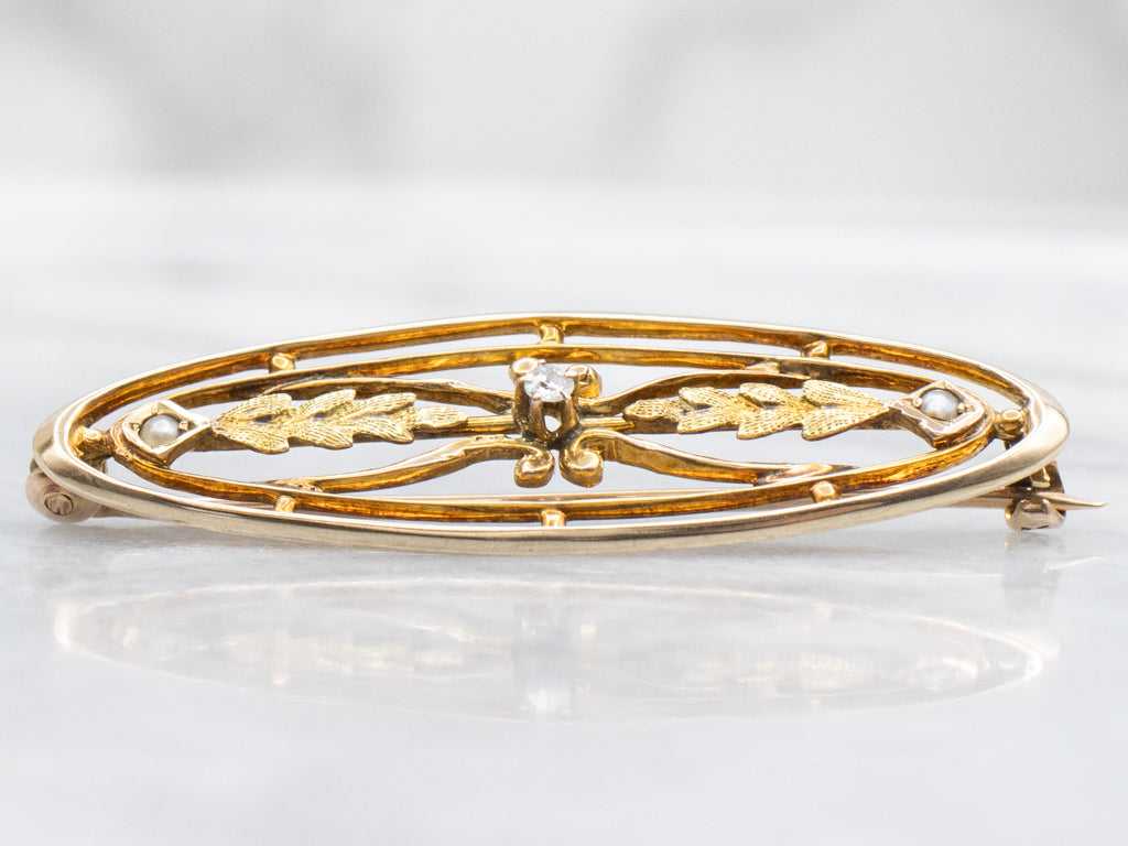 Antique Diamond and Seed Pearl Oval Gold Pin