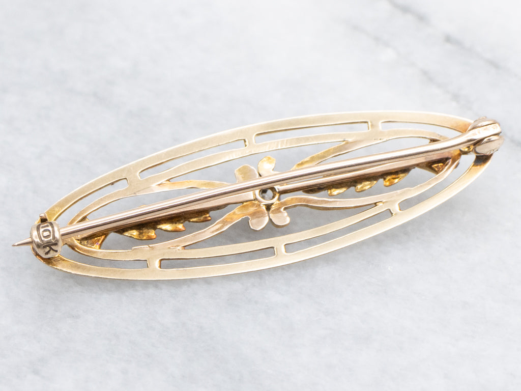 Antique Diamond and Seed Pearl Oval Gold Pin