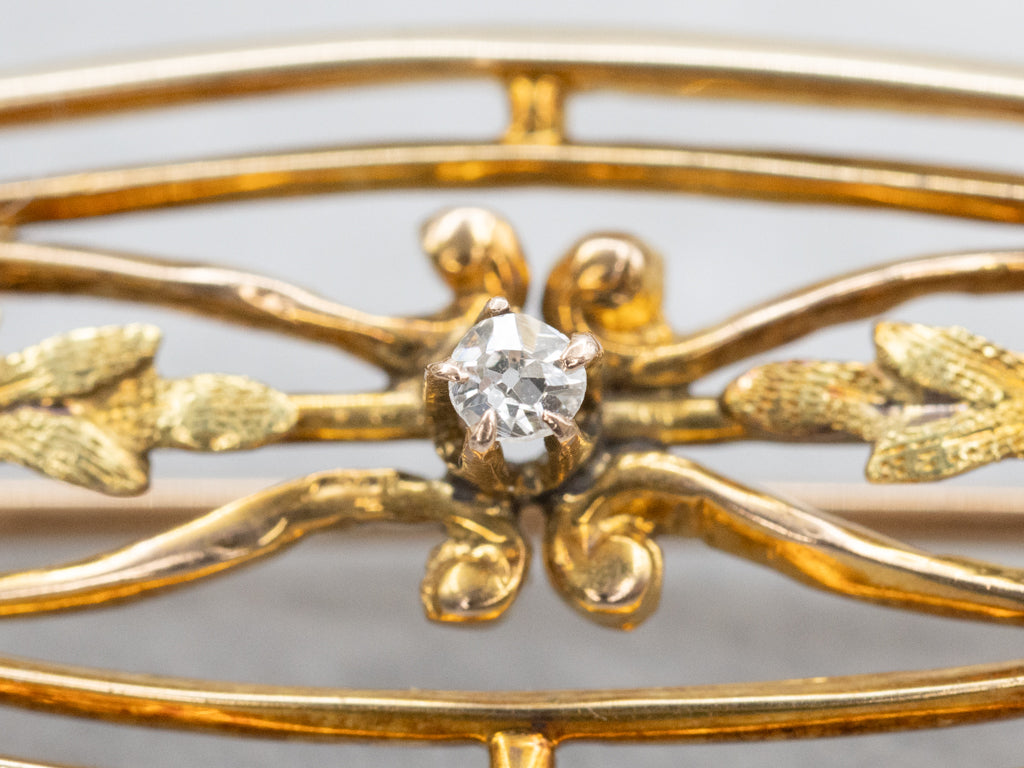 Antique Diamond and Seed Pearl Oval Gold Pin