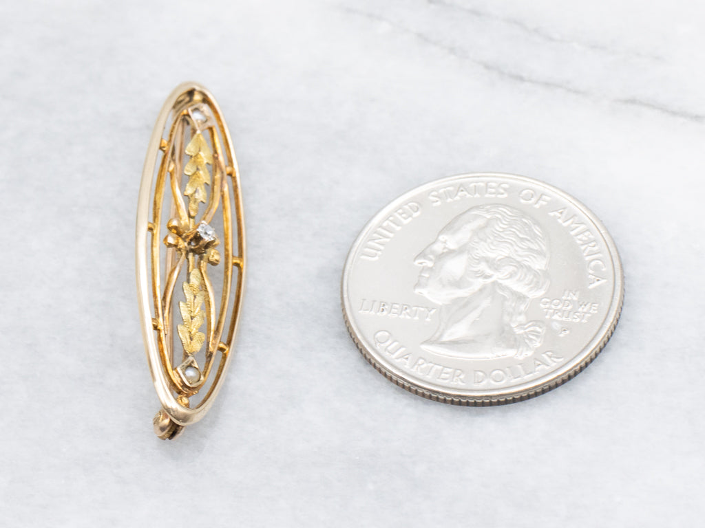 Antique Diamond and Seed Pearl Oval Gold Pin