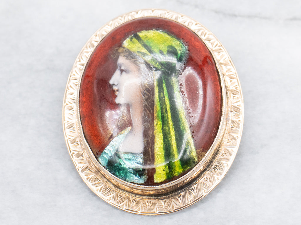 Hand-Painted Saint Fabiola Antique Gold Brooch