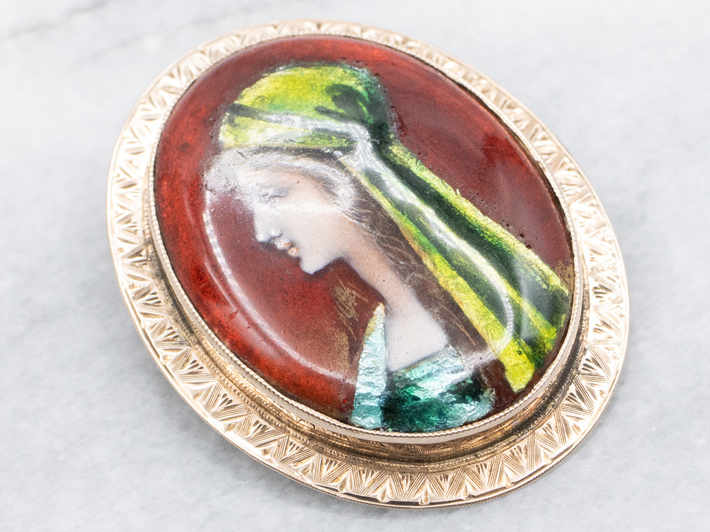 Hand-Painted Saint Fabiola Antique Gold Brooch
