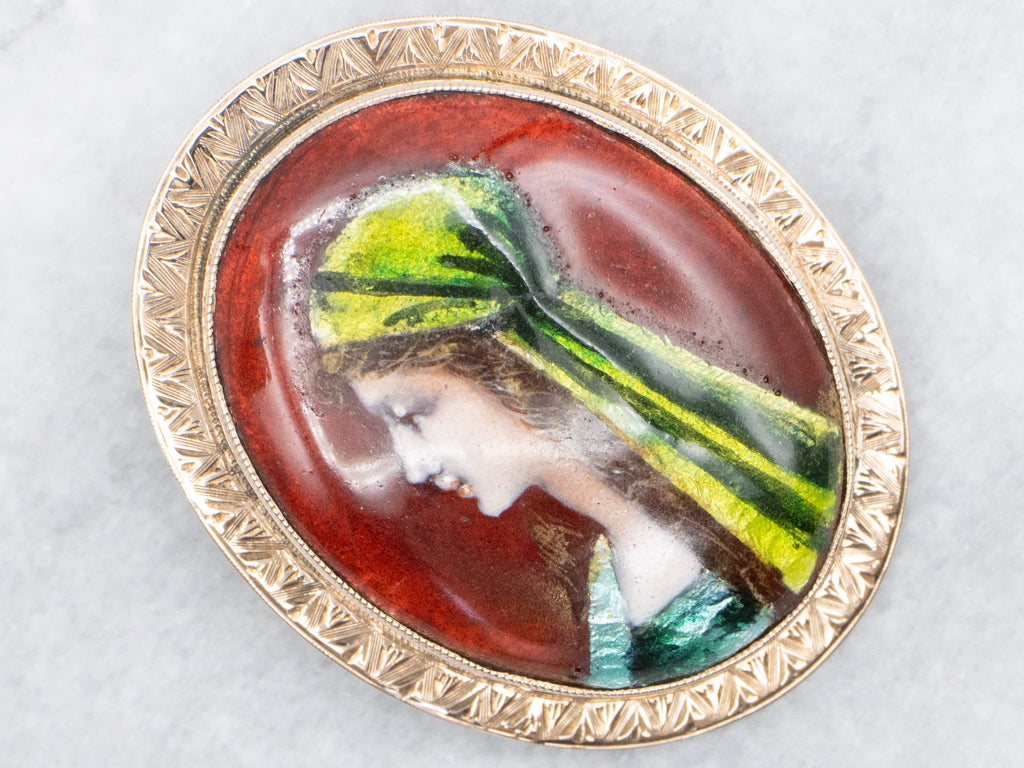 Hand-Painted Saint Fabiola Antique Gold Brooch
