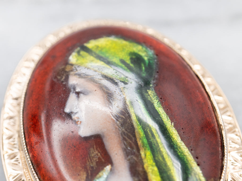 Hand-Painted Saint Fabiola Antique Gold Brooch