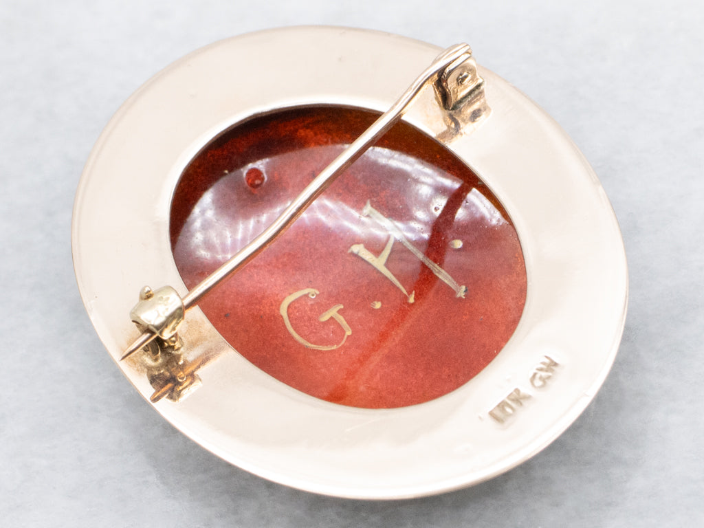 Hand-Painted Saint Fabiola Antique Gold Brooch