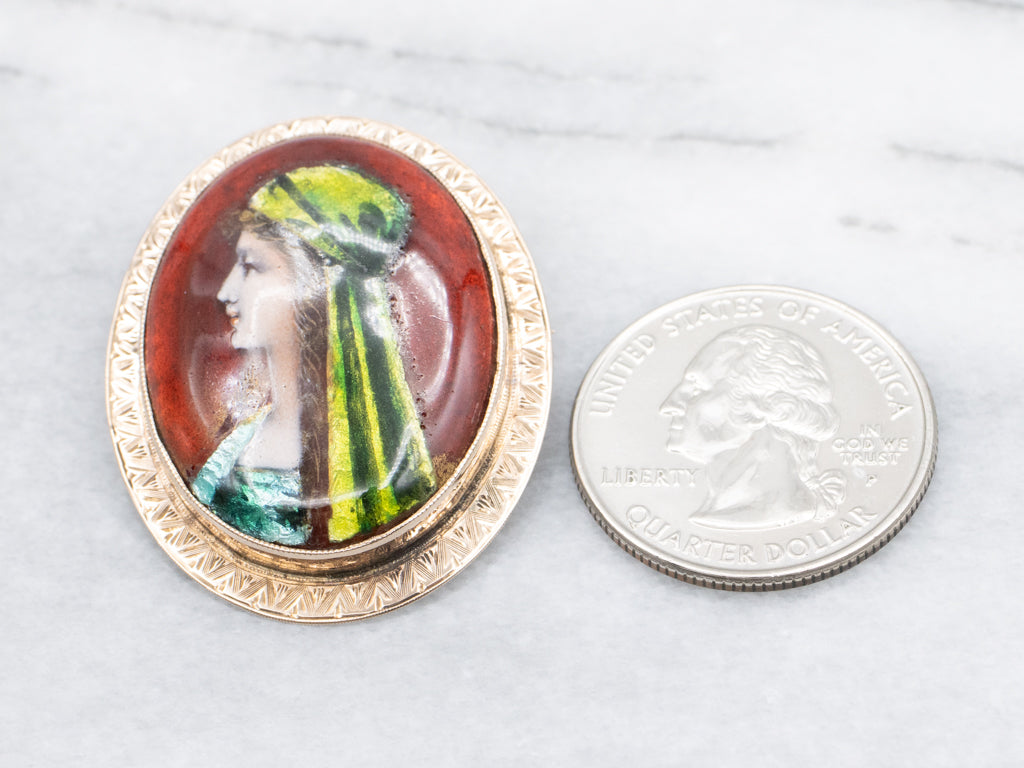 Hand-Painted Saint Fabiola Antique Gold Brooch
