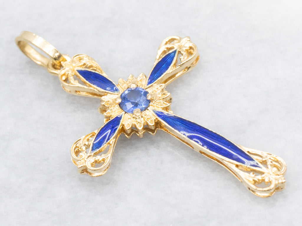 Ornate Gold Sapphire and Blue Enamel Cross Pendant