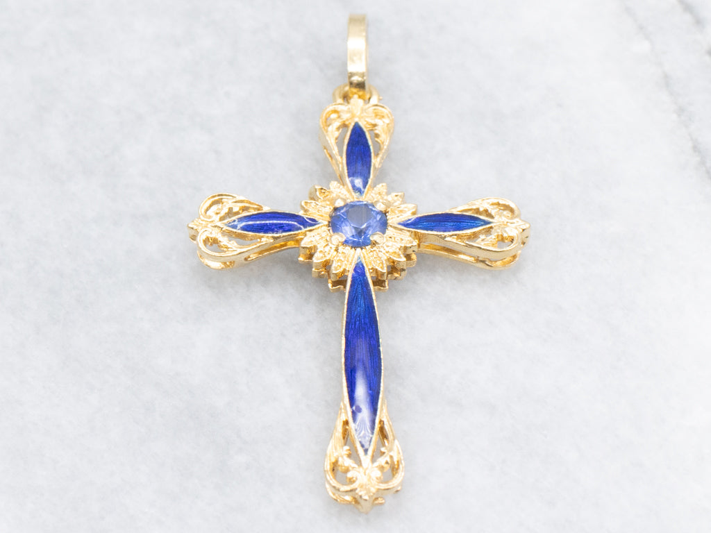 Ornate Gold Sapphire and Blue Enamel Cross Pendant