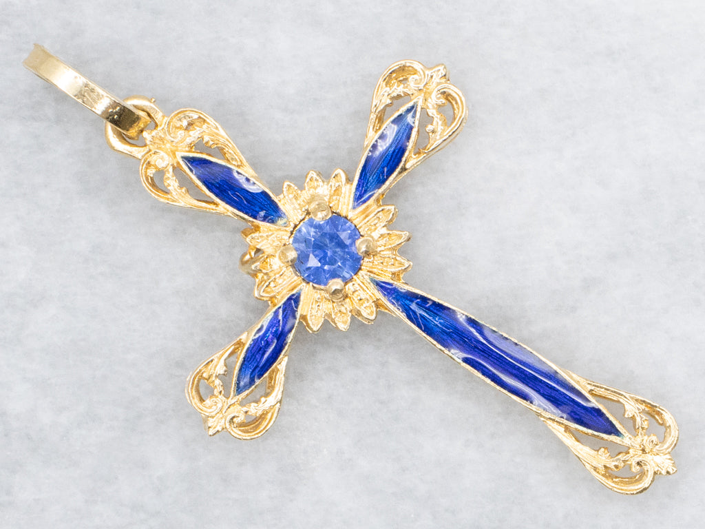 Ornate Gold Sapphire and Blue Enamel Cross Pendant