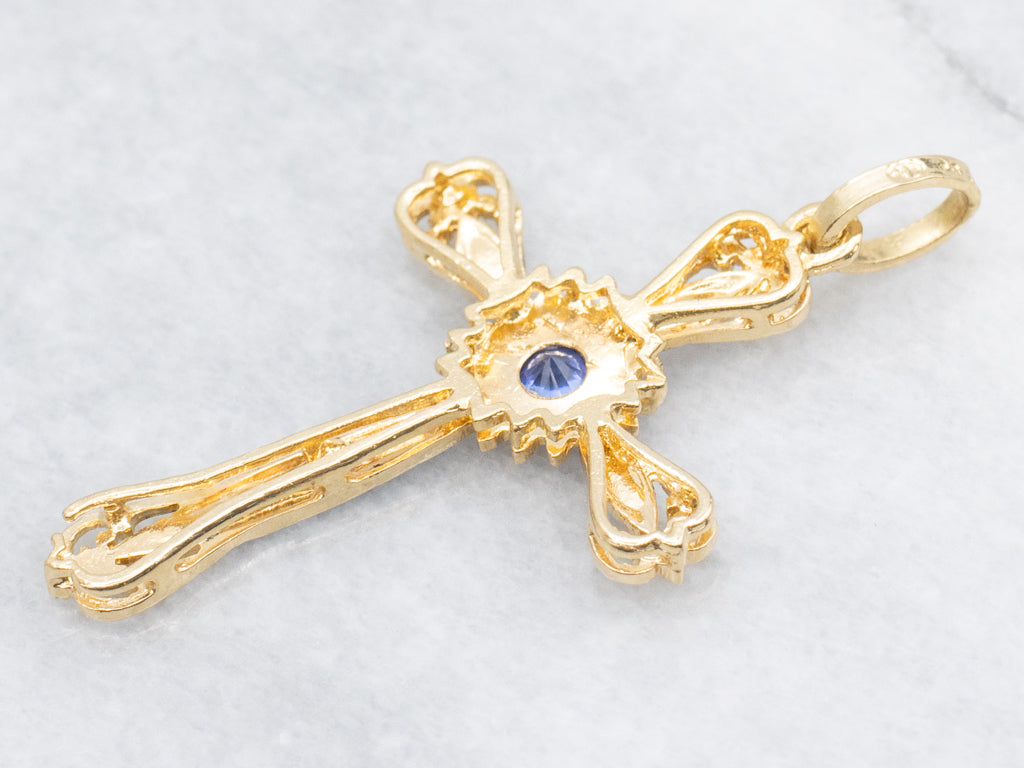 Ornate Gold Sapphire and Blue Enamel Cross Pendant