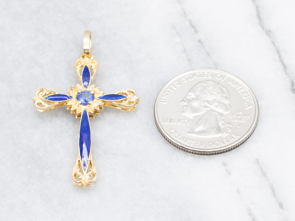 Ornate Gold Sapphire and Blue Enamel Cross Pendant