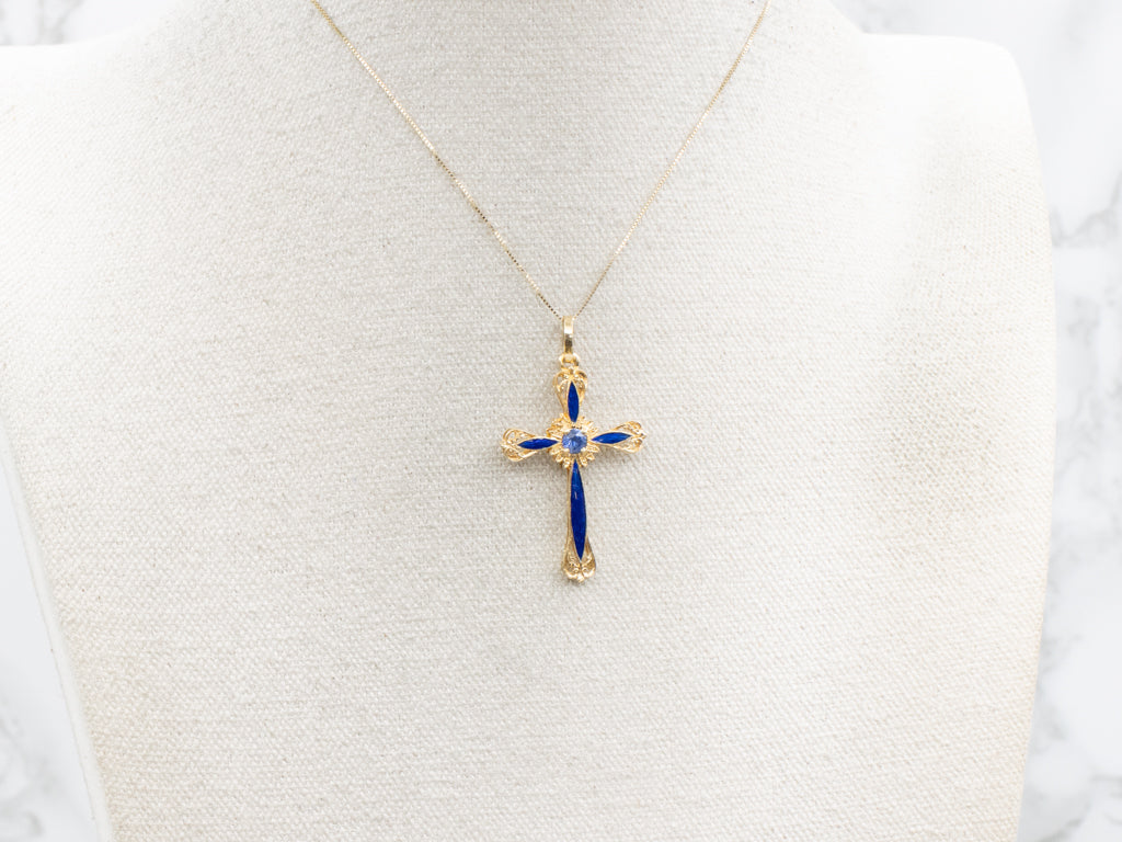 Ornate Gold Sapphire and Blue Enamel Cross Pendant