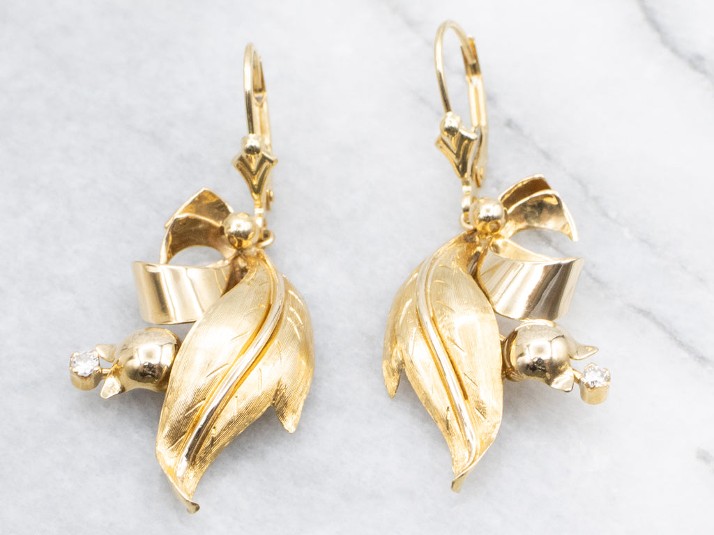 Mid-Century Gold and Diamond Botanical Drop Earrings