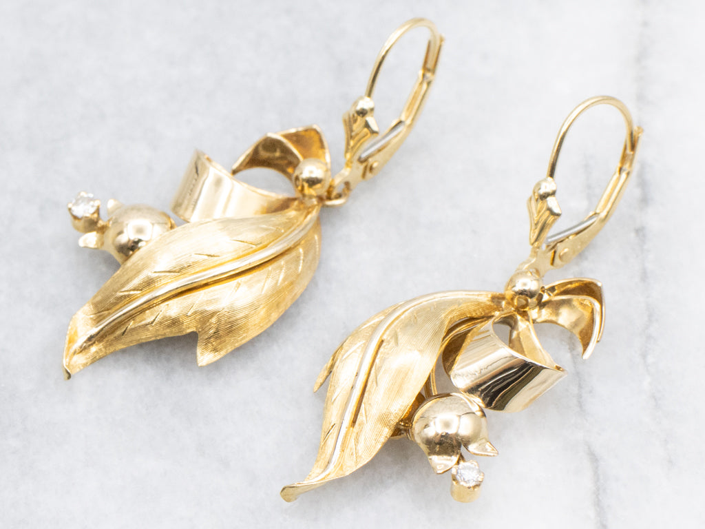 Mid-Century Gold and Diamond Botanical Drop Earrings