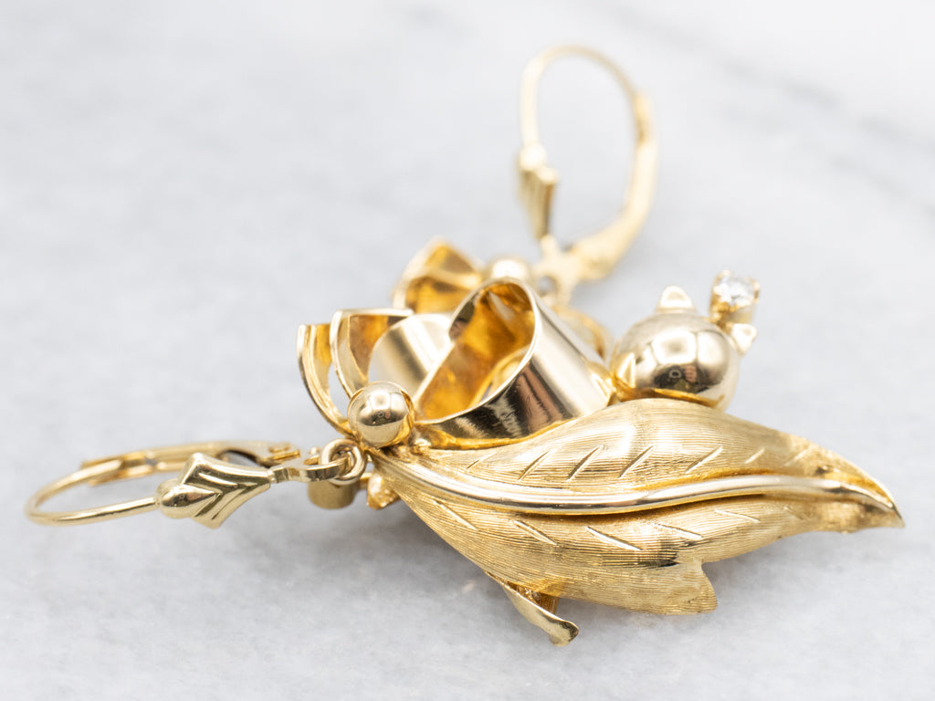 Mid-Century Gold and Diamond Botanical Drop Earrings