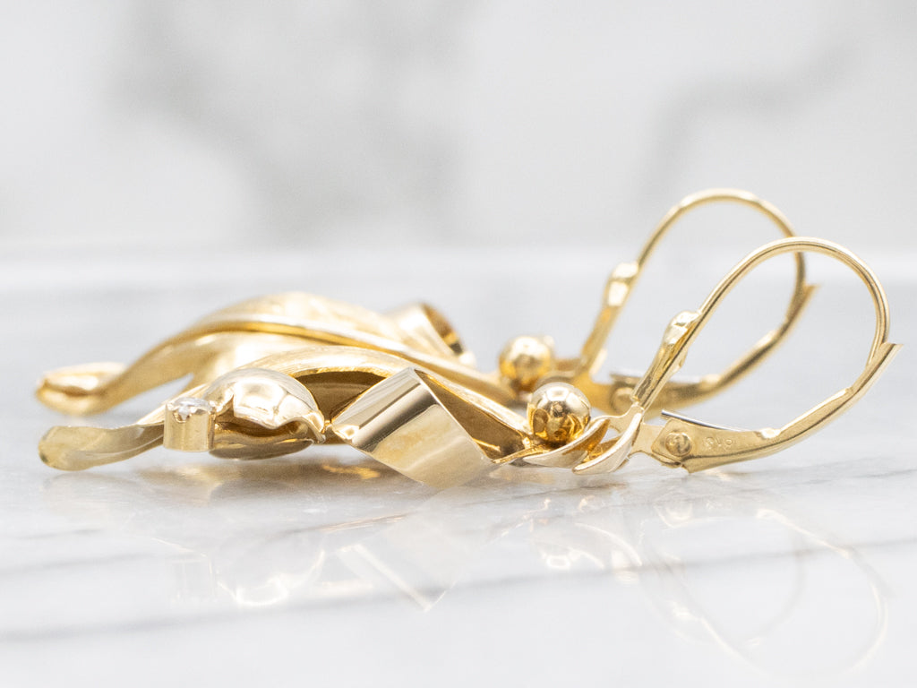 Mid-Century Gold and Diamond Botanical Drop Earrings
