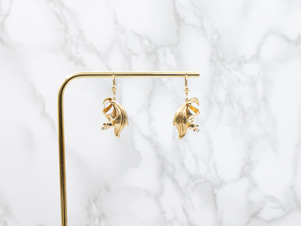 Mid-Century Gold and Diamond Botanical Drop Earrings