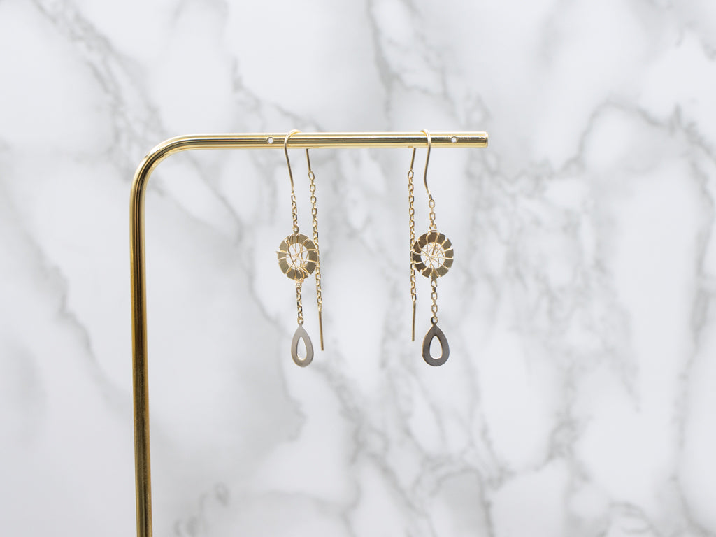 Yellow Gold Woven Wire Disc Threader Earrings