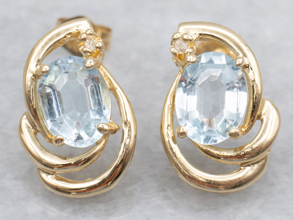 Blue Topaz and Diamond Modern Yellow Gold Stud Earrings