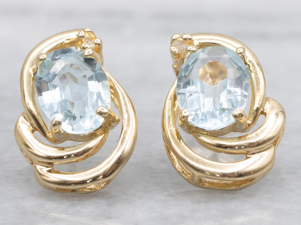 Blue Topaz and Diamond Modern Yellow Gold Stud Earrings