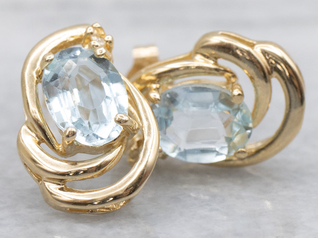 Blue Topaz and Diamond Modern Yellow Gold Stud Earrings