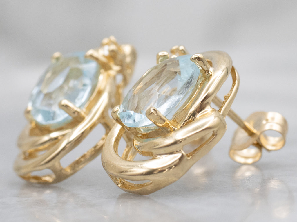 Blue Topaz and Diamond Modern Yellow Gold Stud Earrings
