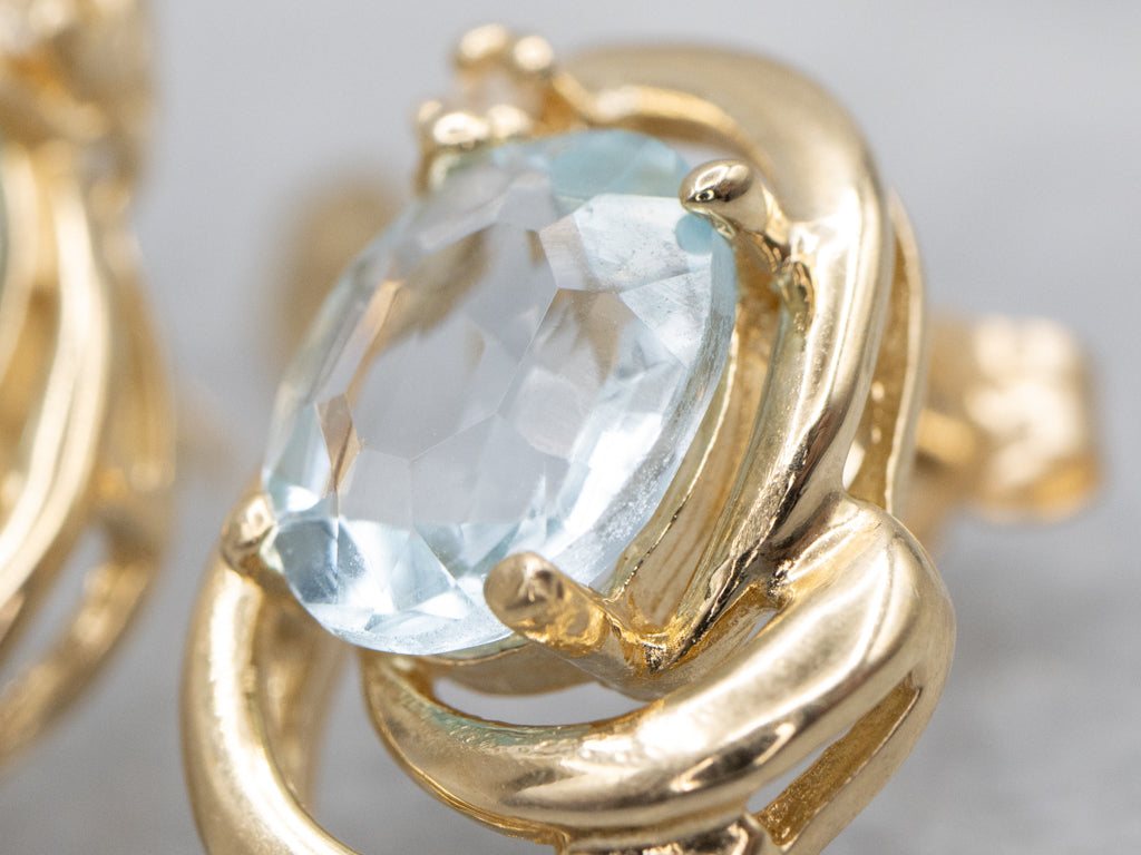 Blue Topaz and Diamond Modern Yellow Gold Stud Earrings