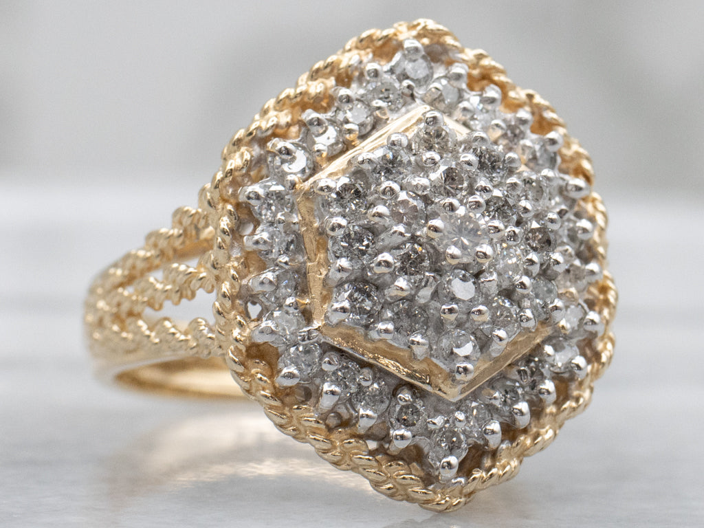 Vintage Gold Diamond Cluster Cocktail Ring with Rope Details
