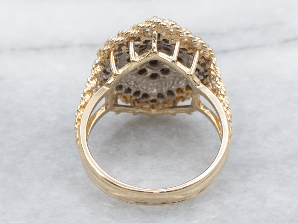 Vintage Gold Diamond Cluster Cocktail Ring with Rope Details