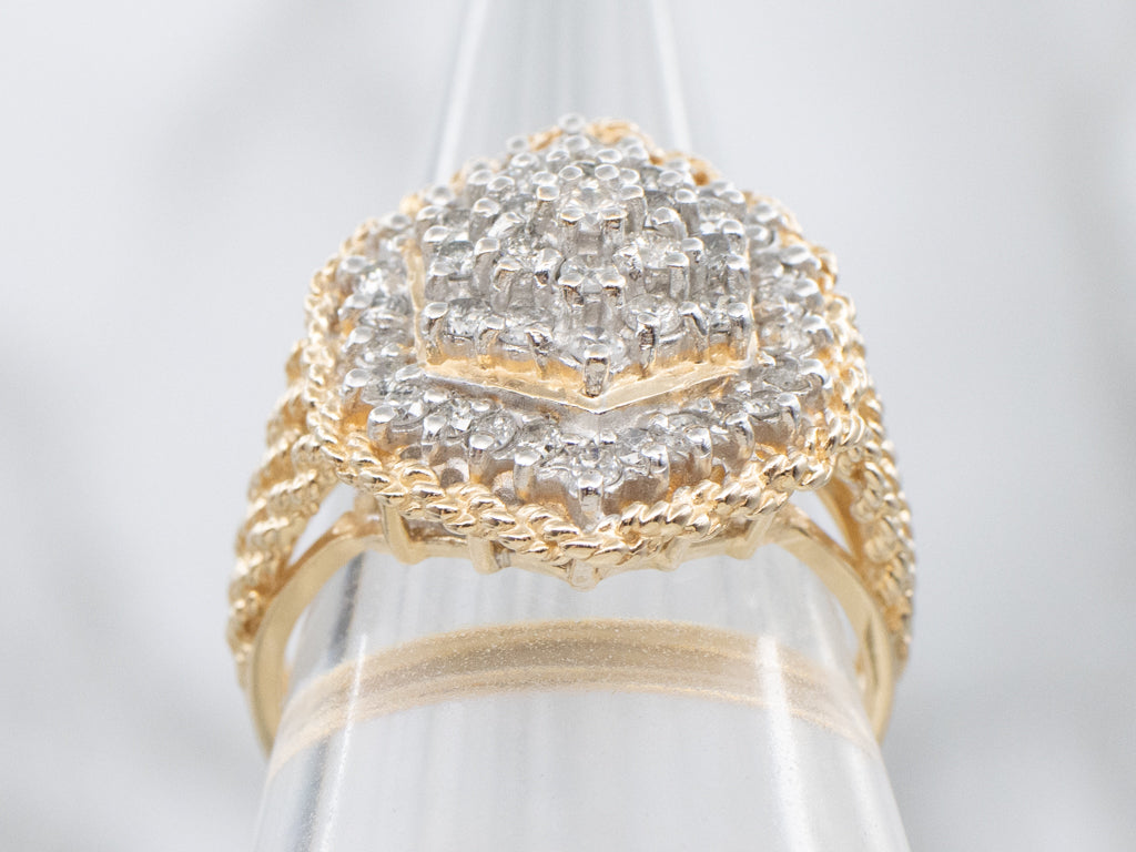Vintage Gold Diamond Cluster Cocktail Ring with Rope Details