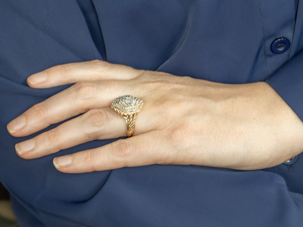 Vintage Gold Diamond Cluster Cocktail Ring with Rope Details