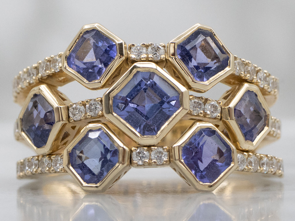 Square Cut Tanzanite and Diamond Triple Row Gold Flex Band