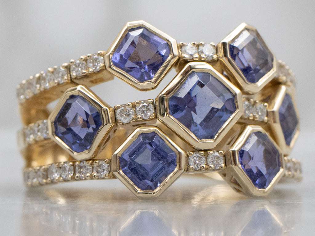 Square Cut Tanzanite and Diamond Triple Row Gold Flex Band