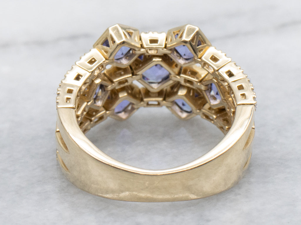 Square Cut Tanzanite and Diamond Triple Row Gold Flex Band