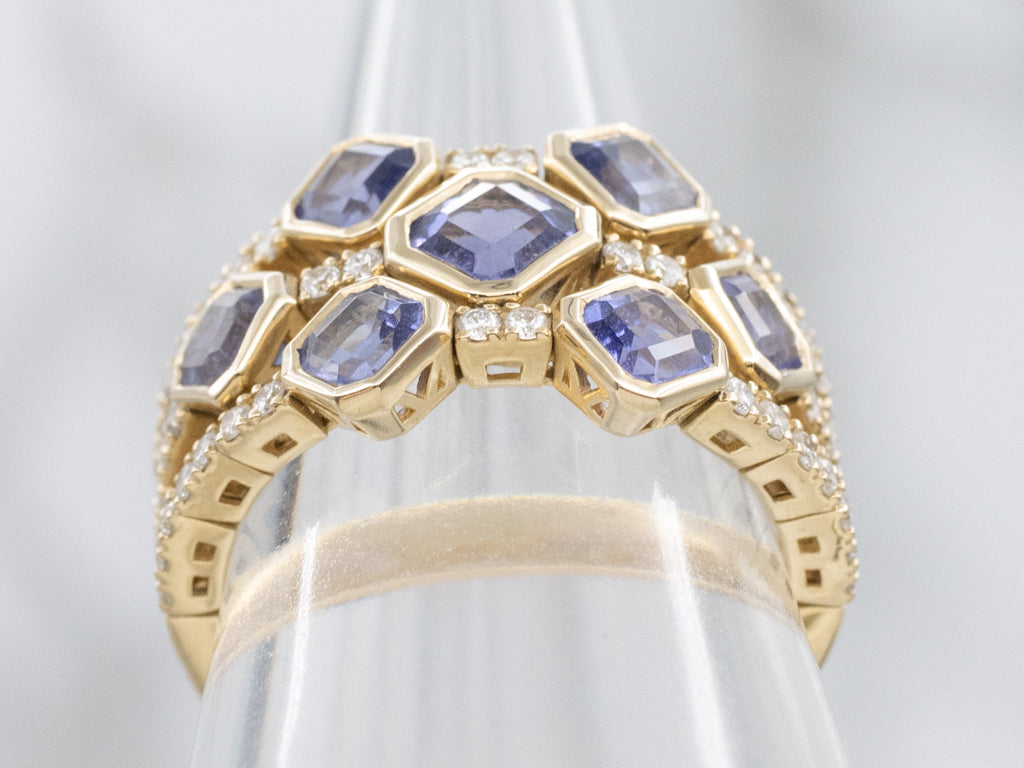 Square Cut Tanzanite and Diamond Triple Row Gold Flex Band