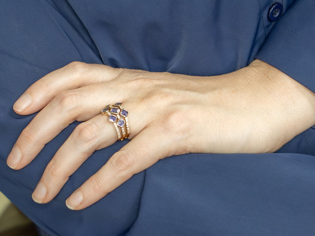 Square Cut Tanzanite and Diamond Triple Row Gold Flex Band