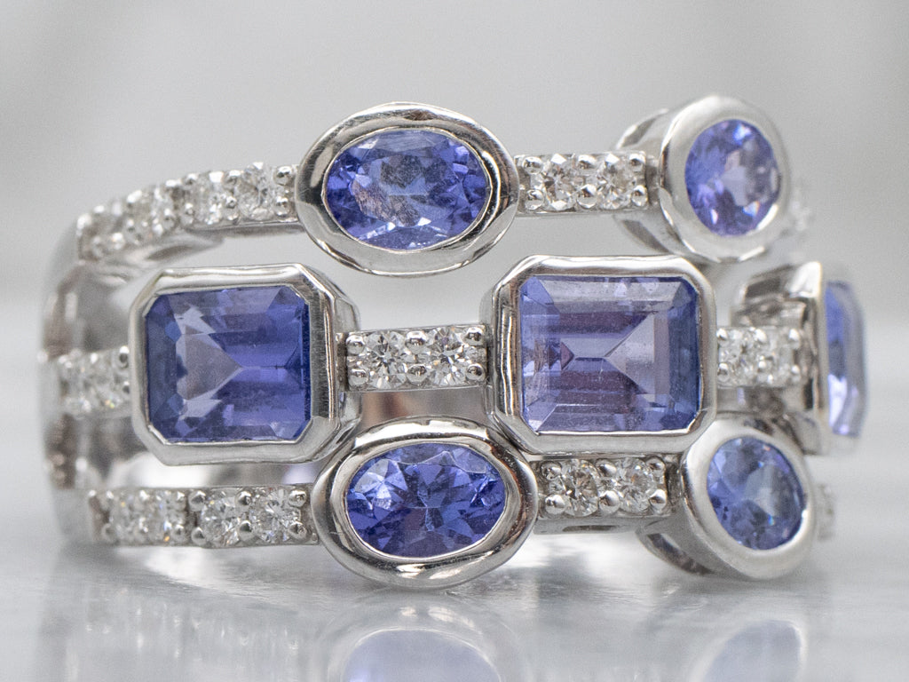 Tanzanite and Diamond Triple Row White Gold Flex Band