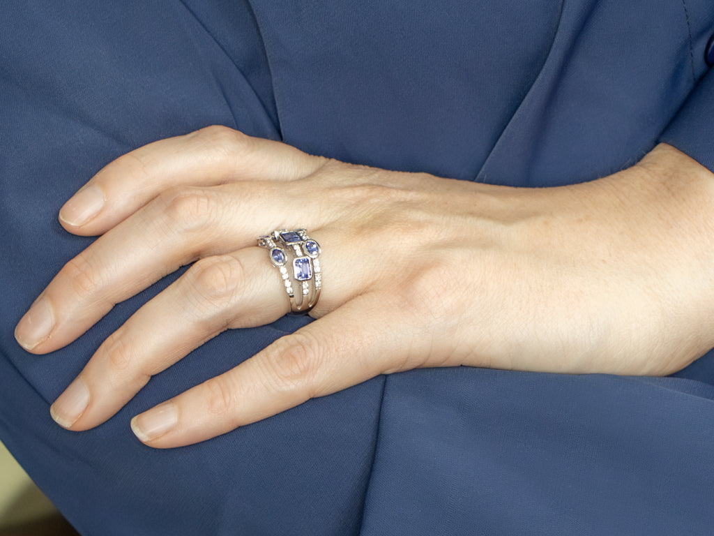 Tanzanite and Diamond Triple Row White Gold Flex Band
