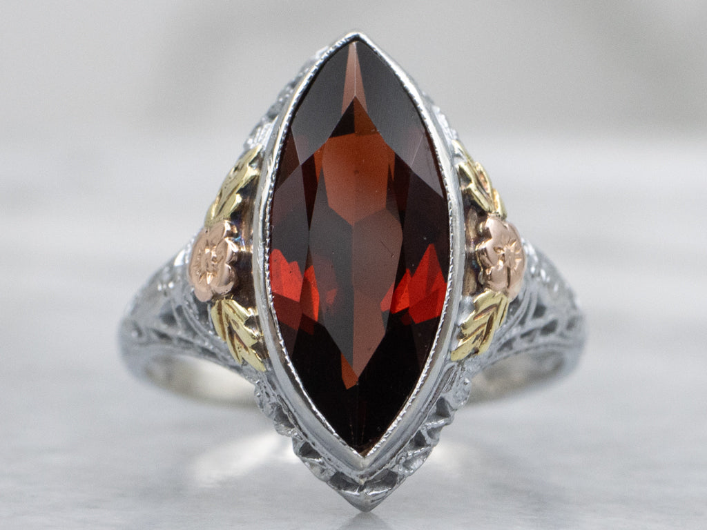 Marquise-Cut Antique 1920s Gold Floral Garnet Filigree Ring