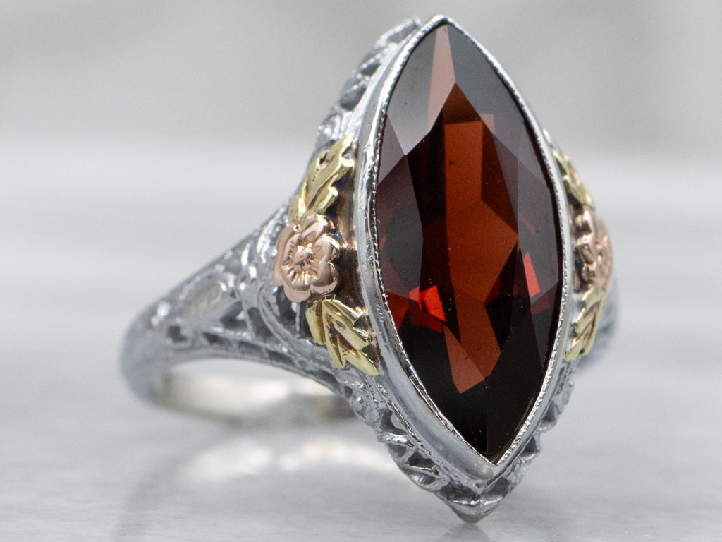Marquise-Cut Antique 1920s Gold Floral Garnet Filigree Ring