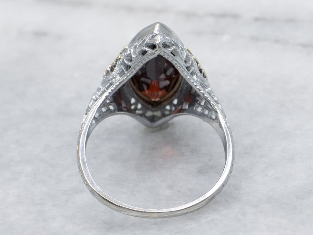 Marquise-Cut Antique 1920s Gold Floral Garnet Filigree Ring