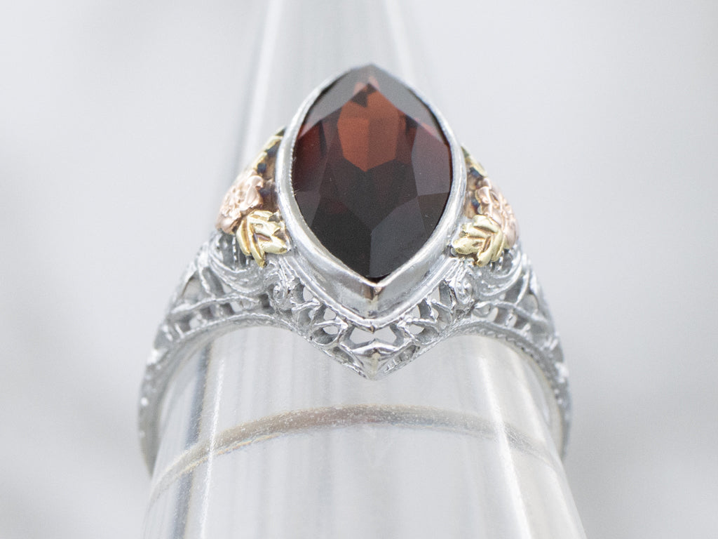 Marquise-Cut Antique 1920s Gold Floral Garnet Filigree Ring