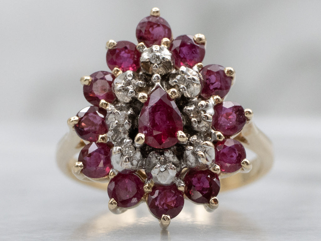 Ruby Diamond and Gold Cluster Cockatil Ring