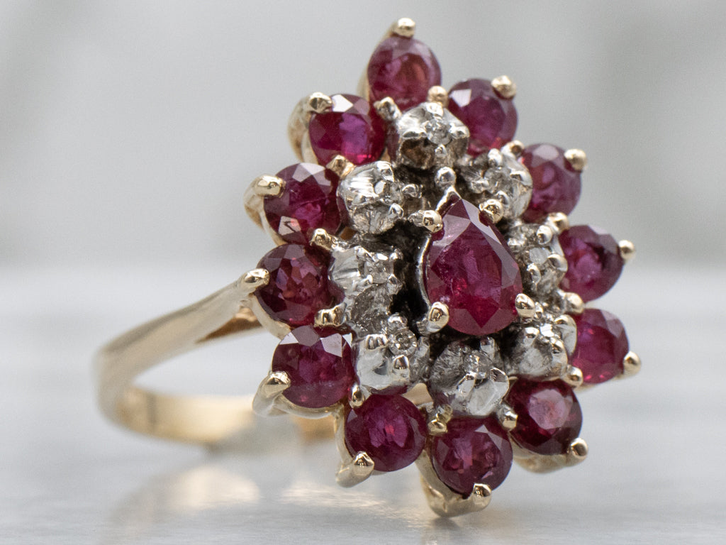 Ruby Diamond and Gold Cluster Cockatil Ring