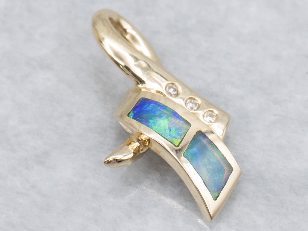 Modern Opal Inlay and Diamond Yellow Gold Pendant
