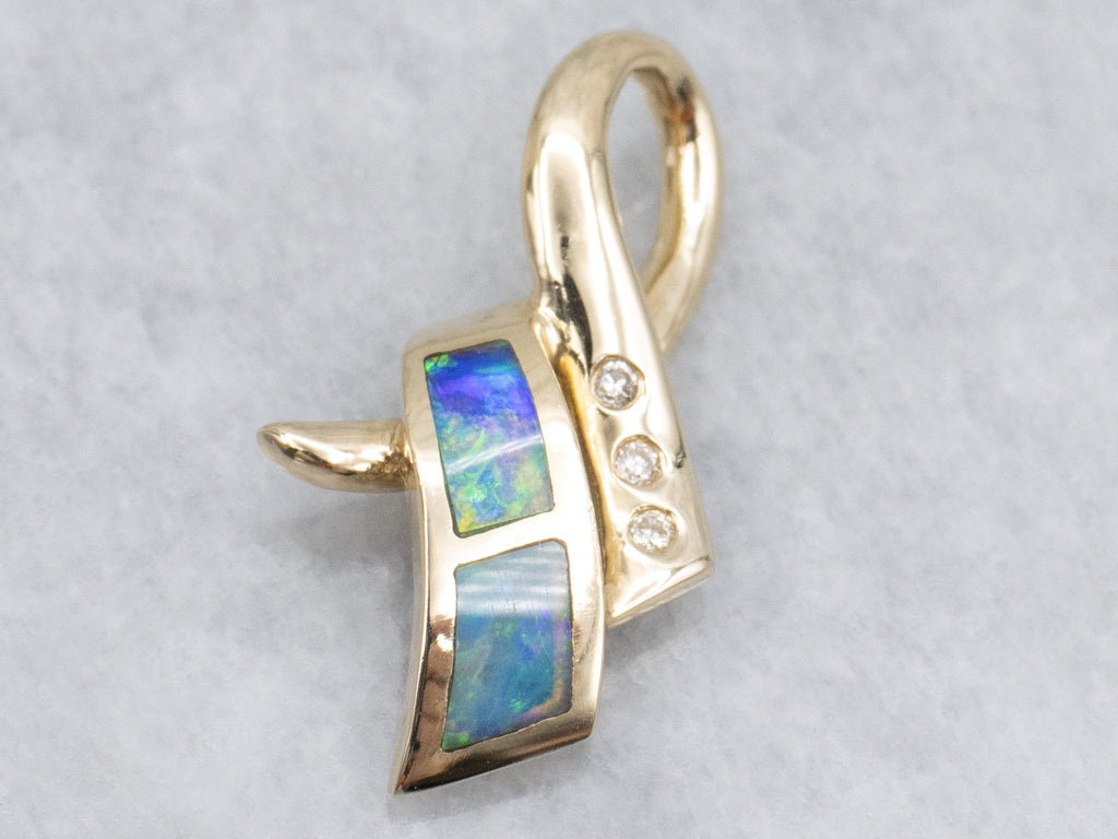 Modern Opal Inlay and Diamond Yellow Gold Pendant