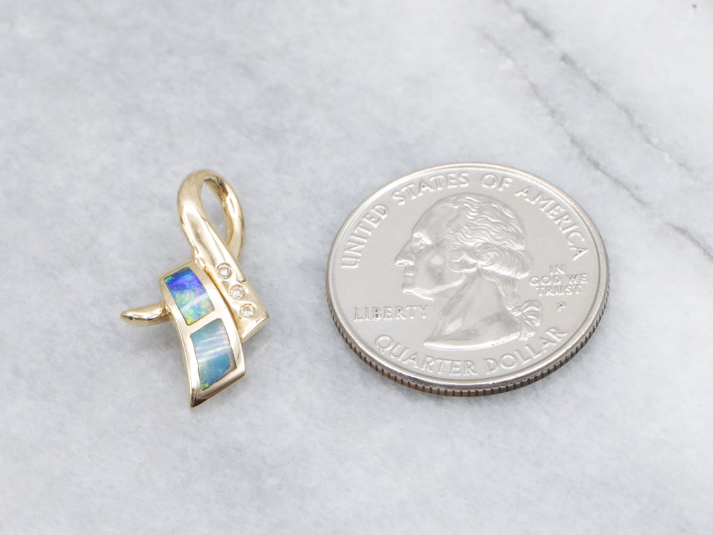 Modern Opal Inlay and Diamond Yellow Gold Pendant