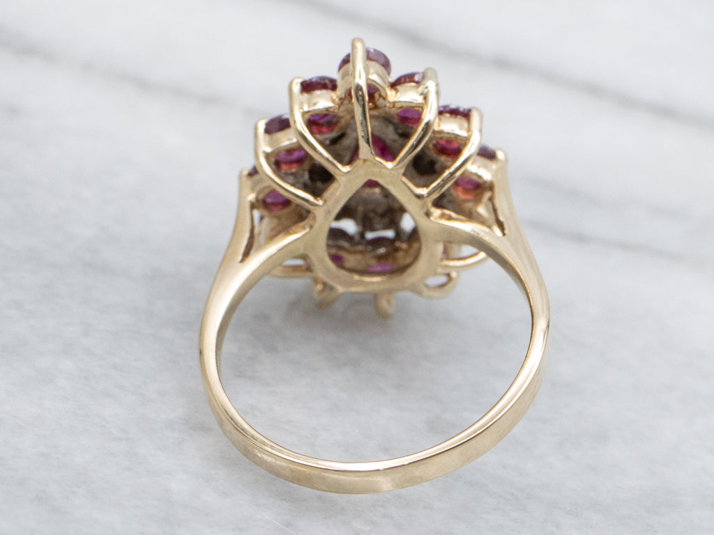 Ruby Diamond and Gold Cluster Cockatil Ring